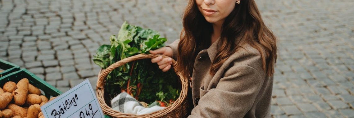 Young woman shopping at Erfurt farmers market, holding basket with fresh vegetables. Capturing local shopping culture.